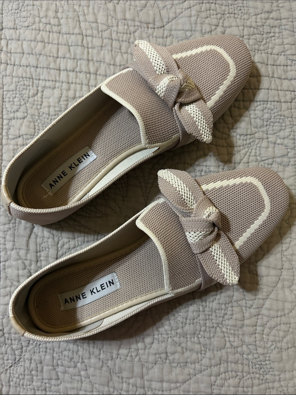 Anne Klein Taupe Knit Loafers with Ivory Trim